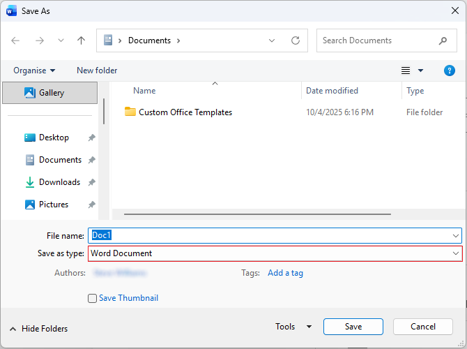 Save As browse window in Word